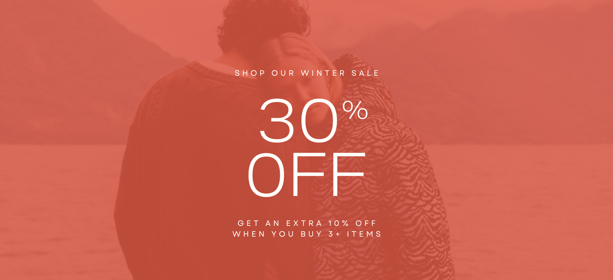 Promotional graphic with '30% Off' during a winter sale on a red background.