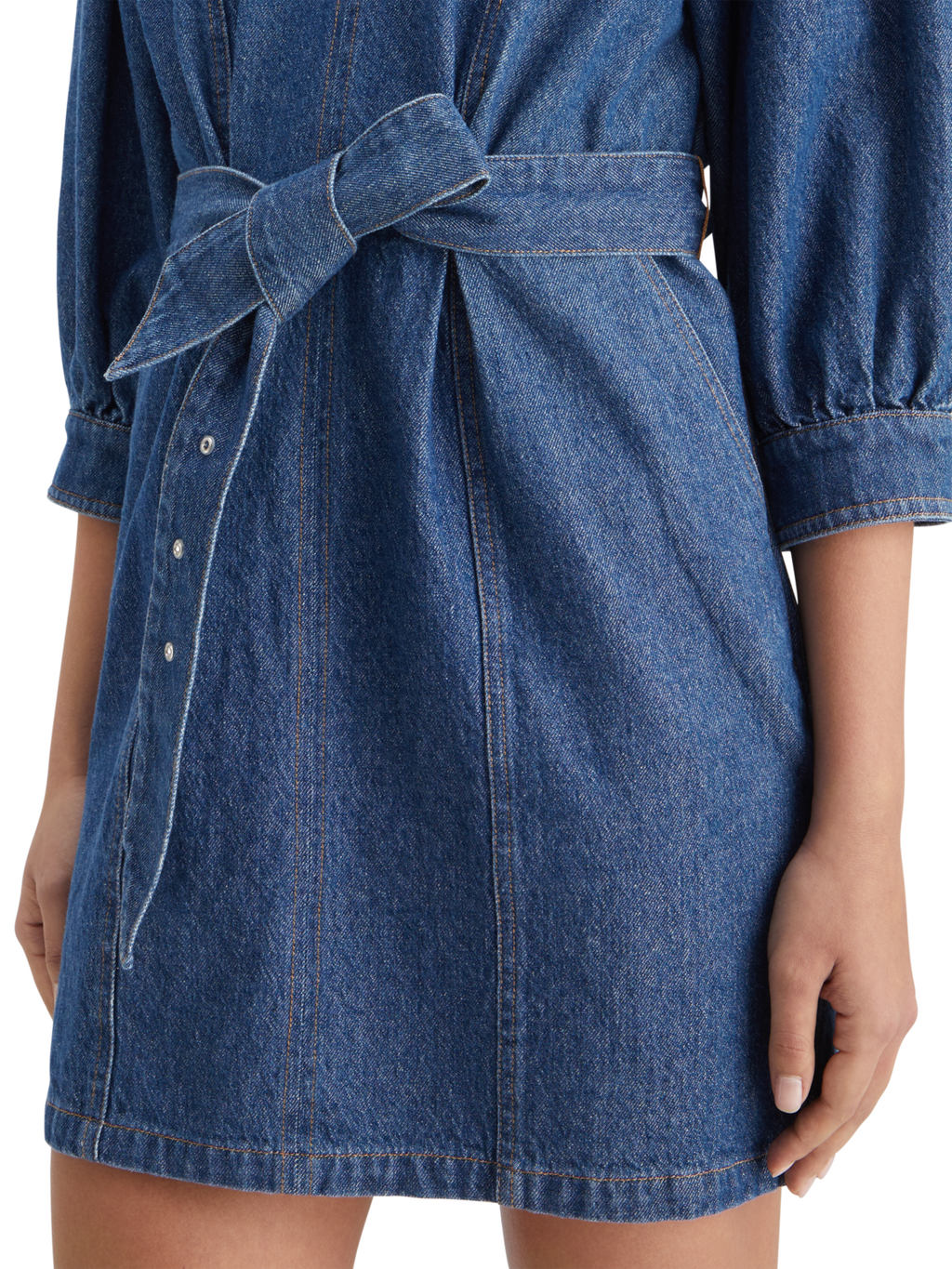 BELTED V - NECK WASHED DENIM DRESS