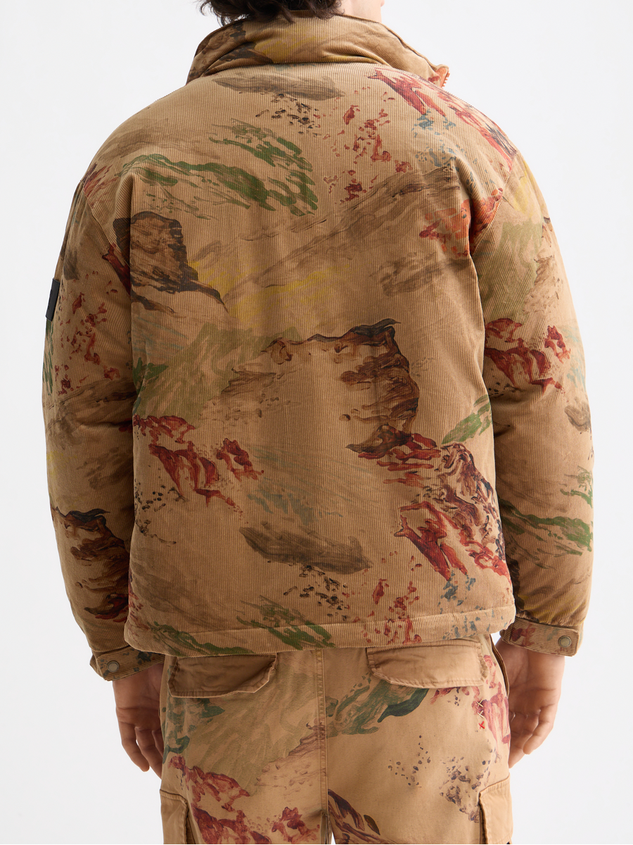 Mountain print corduroy puffer