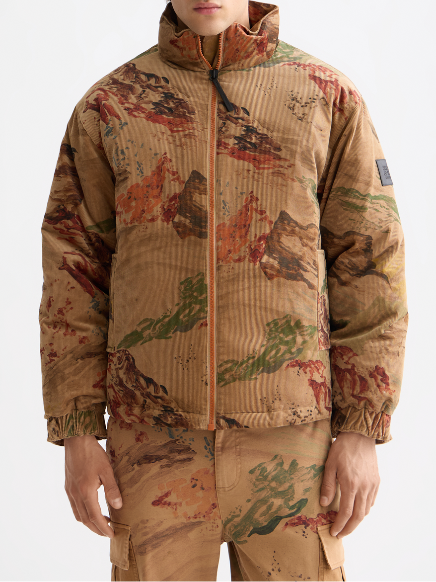 Mountain print corduroy puffer