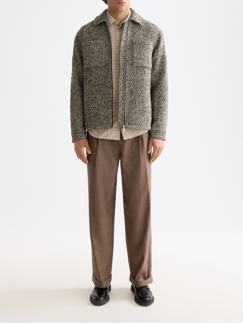 Checkered wool-blend pleated baggy chino