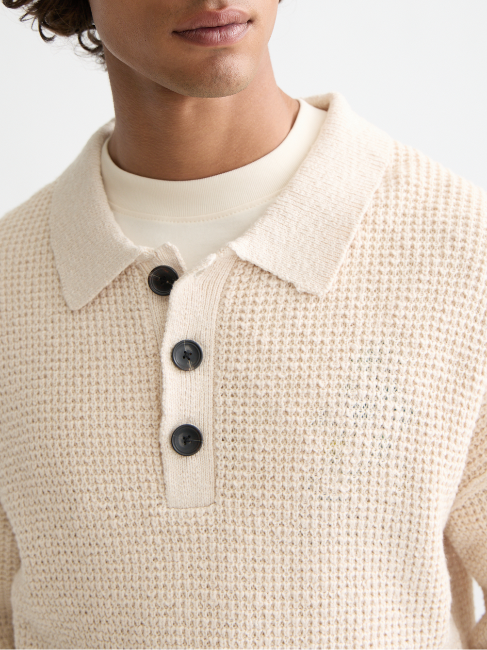 Waffle dropped shoulder long sleeve polo