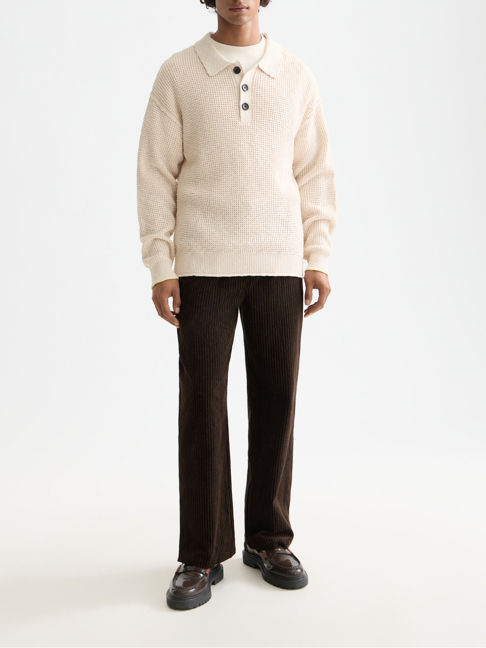 Waffle dropped shoulder long sleeve polo