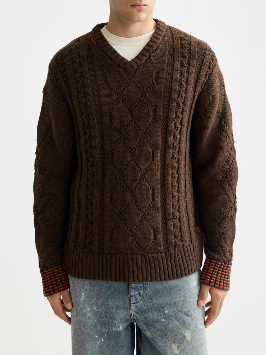 V-Neck chunky cable loose pullover