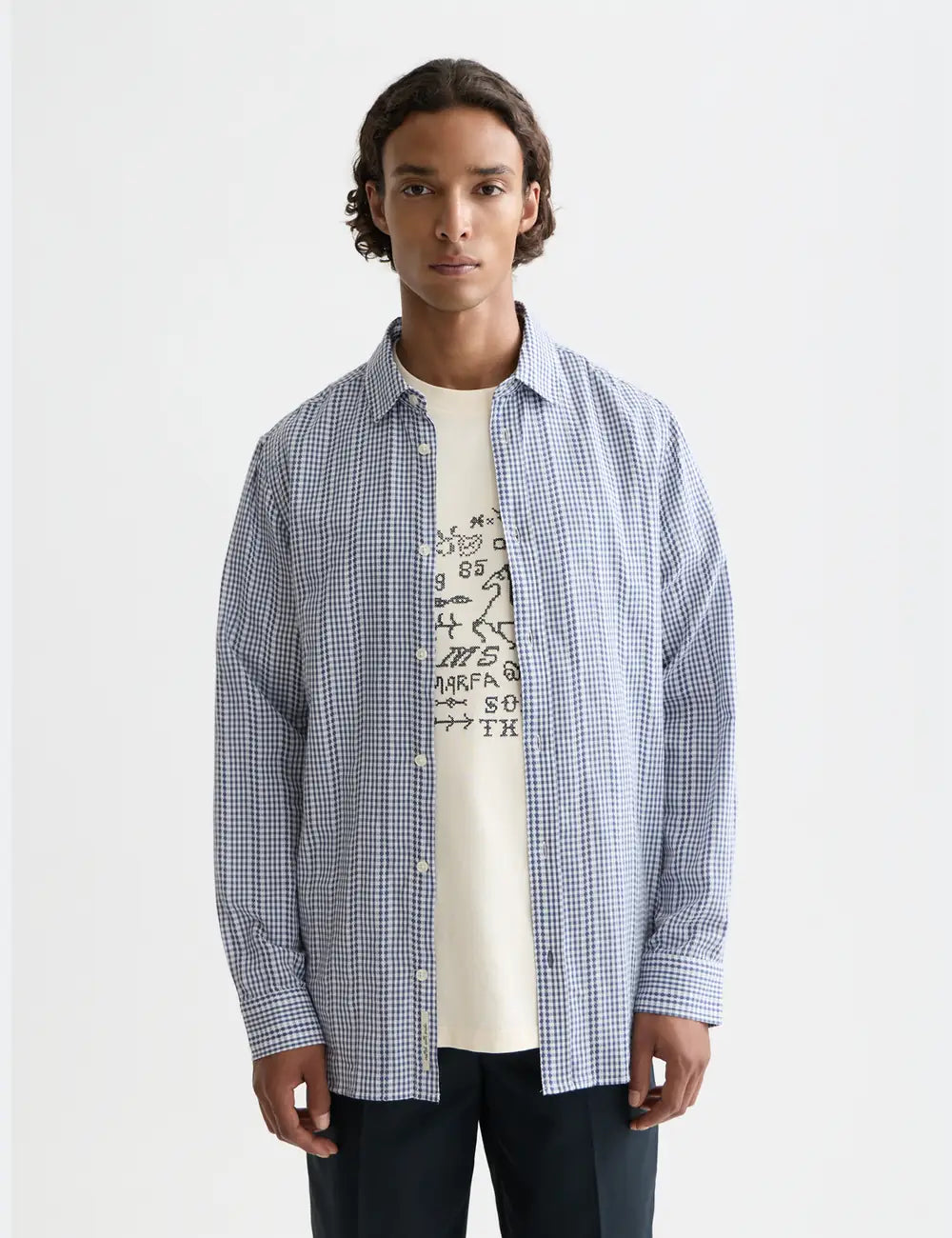 Navy Microcheck Cotton Poplin Shirt front view by Scotch & Soda