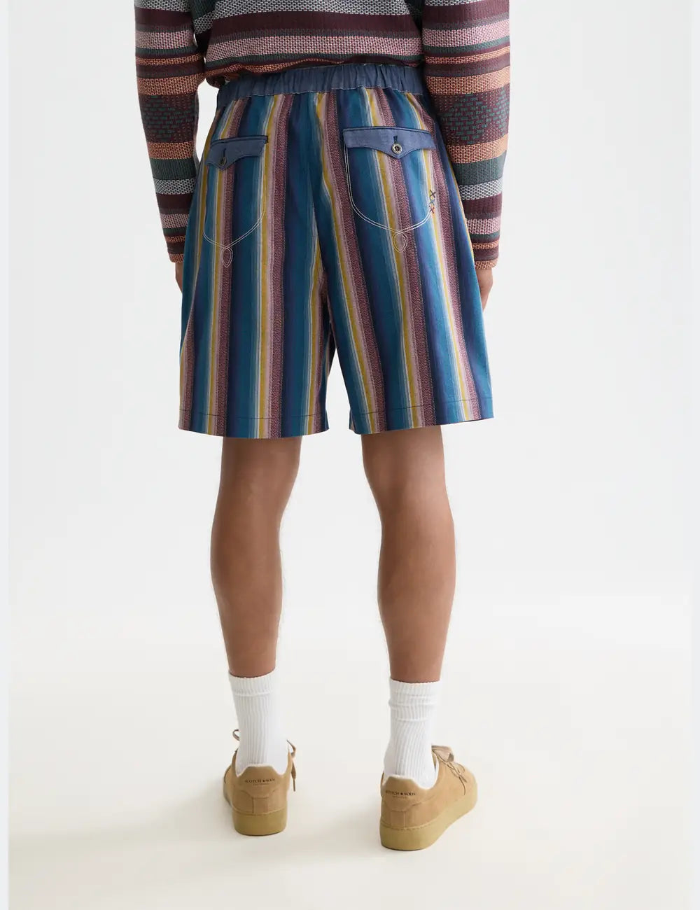 Western Detailed Striped Cotton Loose-fit Bermuda back view showing fit and finish by Scotch & Soda
