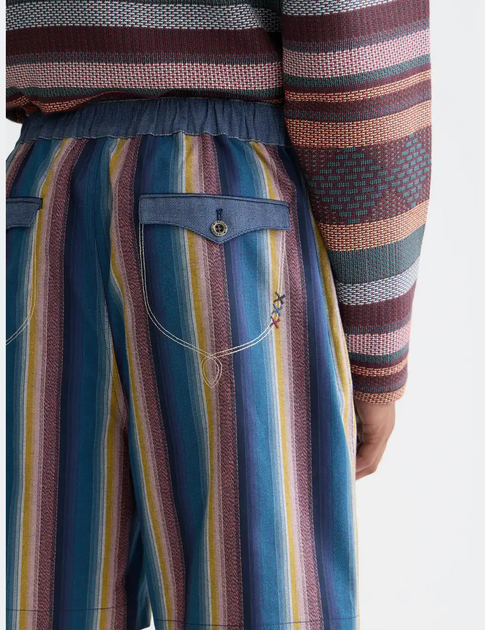 Western Detailed Striped Cotton Loose-fit Bermuda detail shot of fabric and craftsmanship by Scotch & Soda