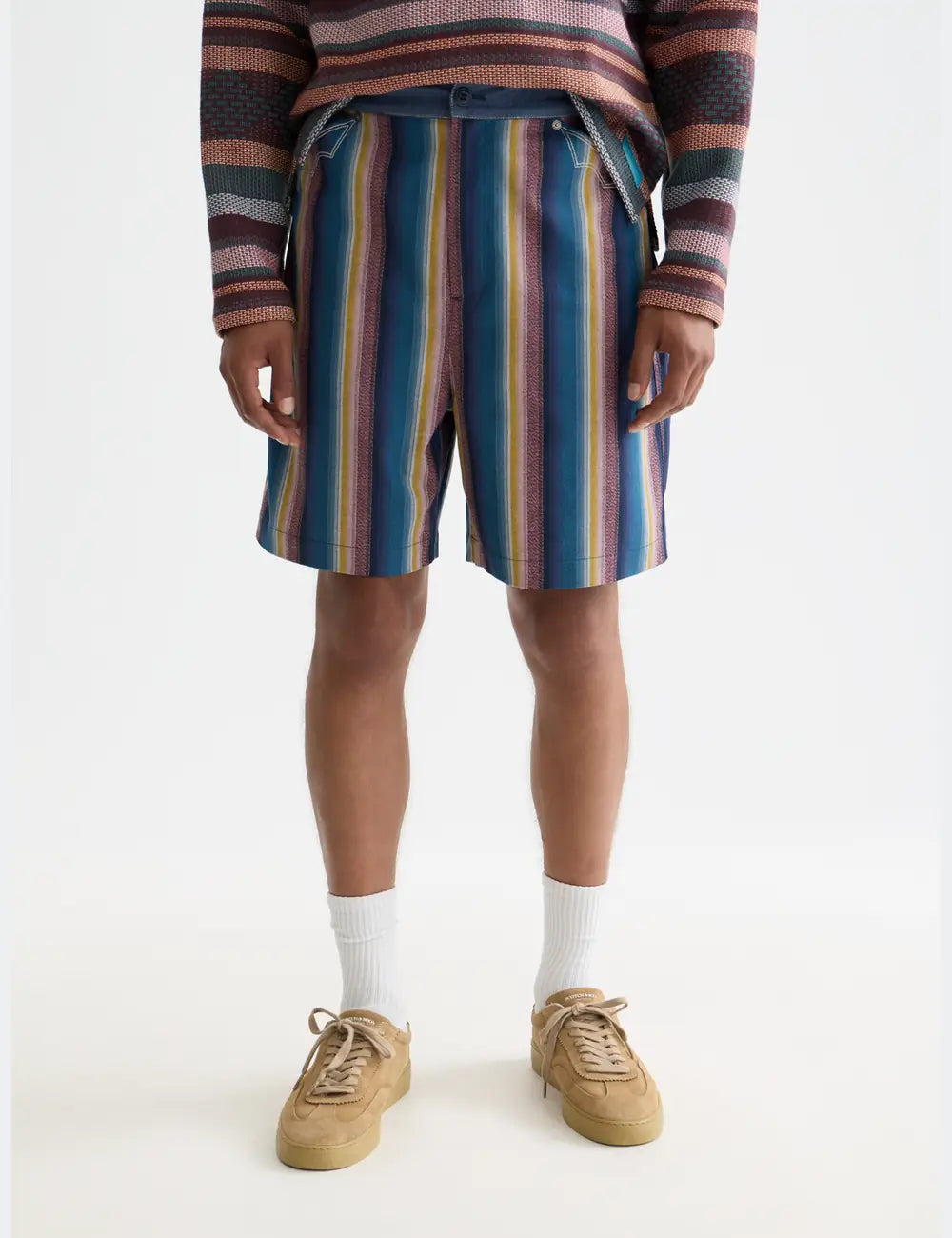 Navy Western Detailed Striped Cotton Loose-fit Bermuda front view by Scotch & Soda