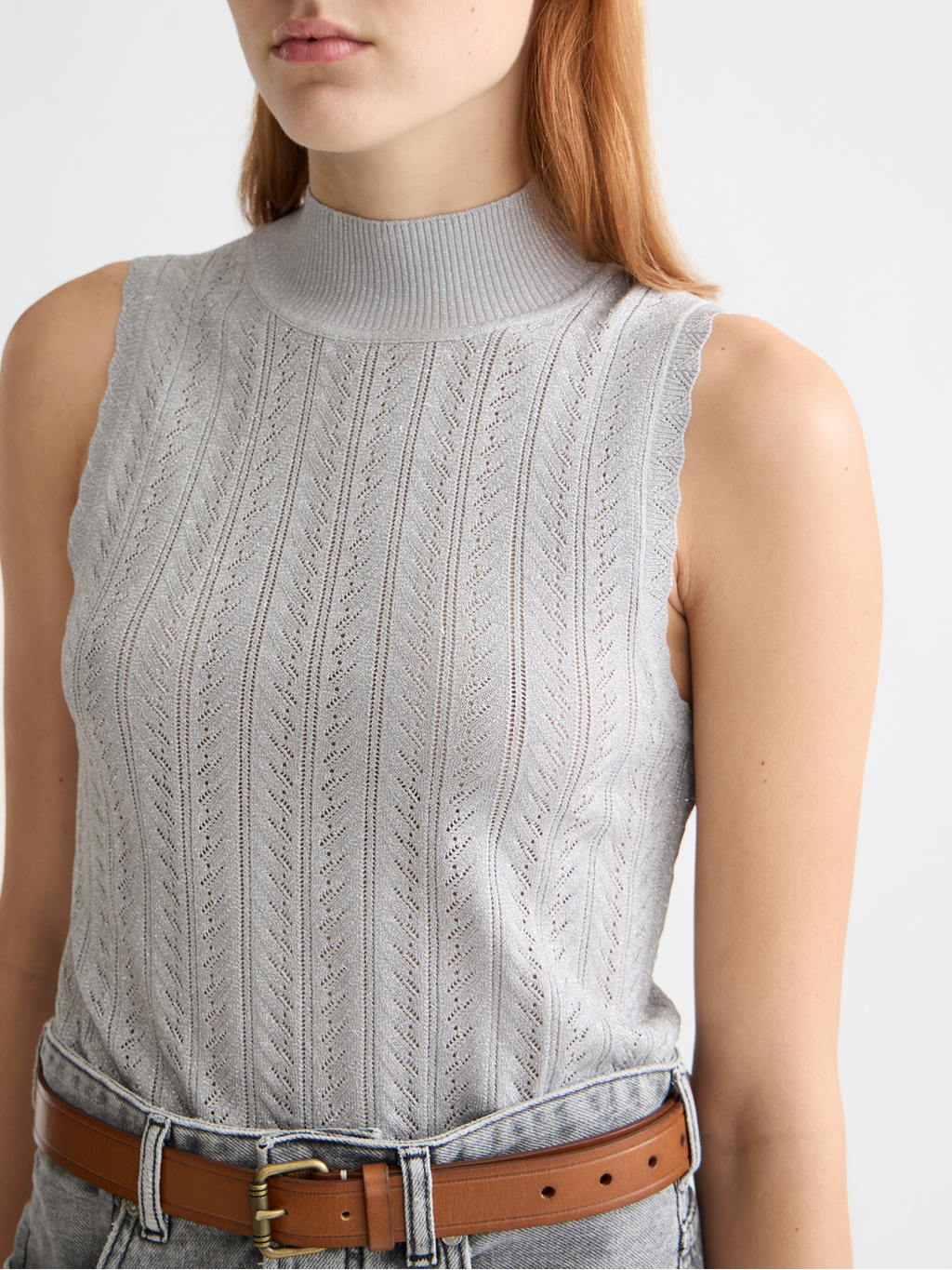 Metallic pointelle knitted tank