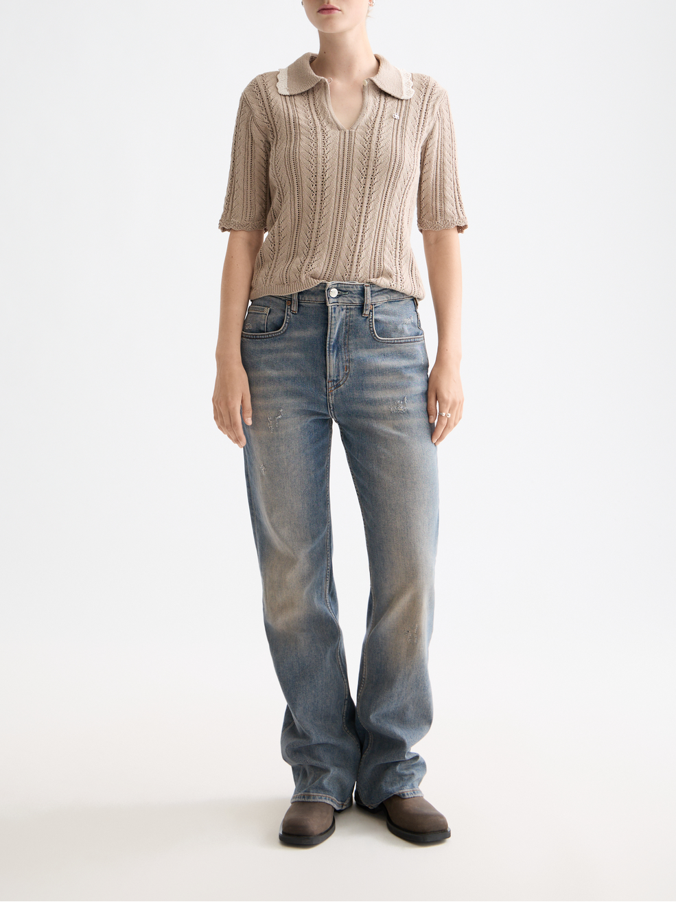 Pointelle collared knitted polo