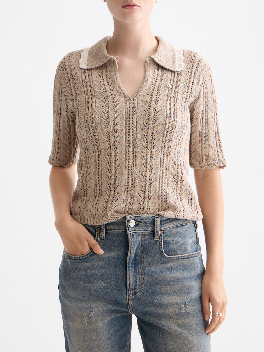 Pointelle collared knitted polo