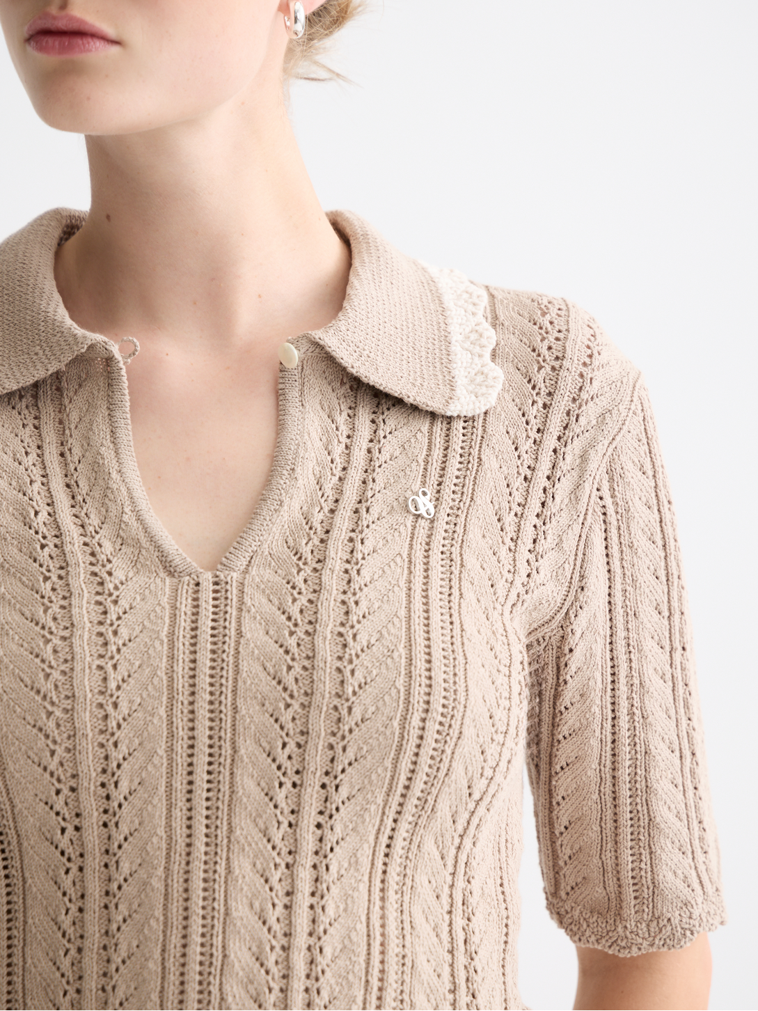 Pointelle collared knitted polo