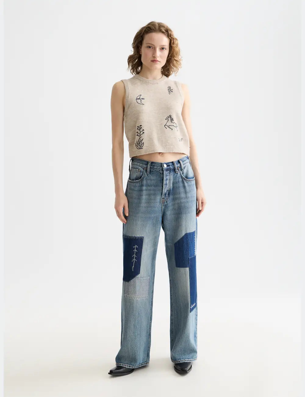 Embroidered Crew Neck Knitted Tank full model shot showing overall fit and styling by Scotch & Soda