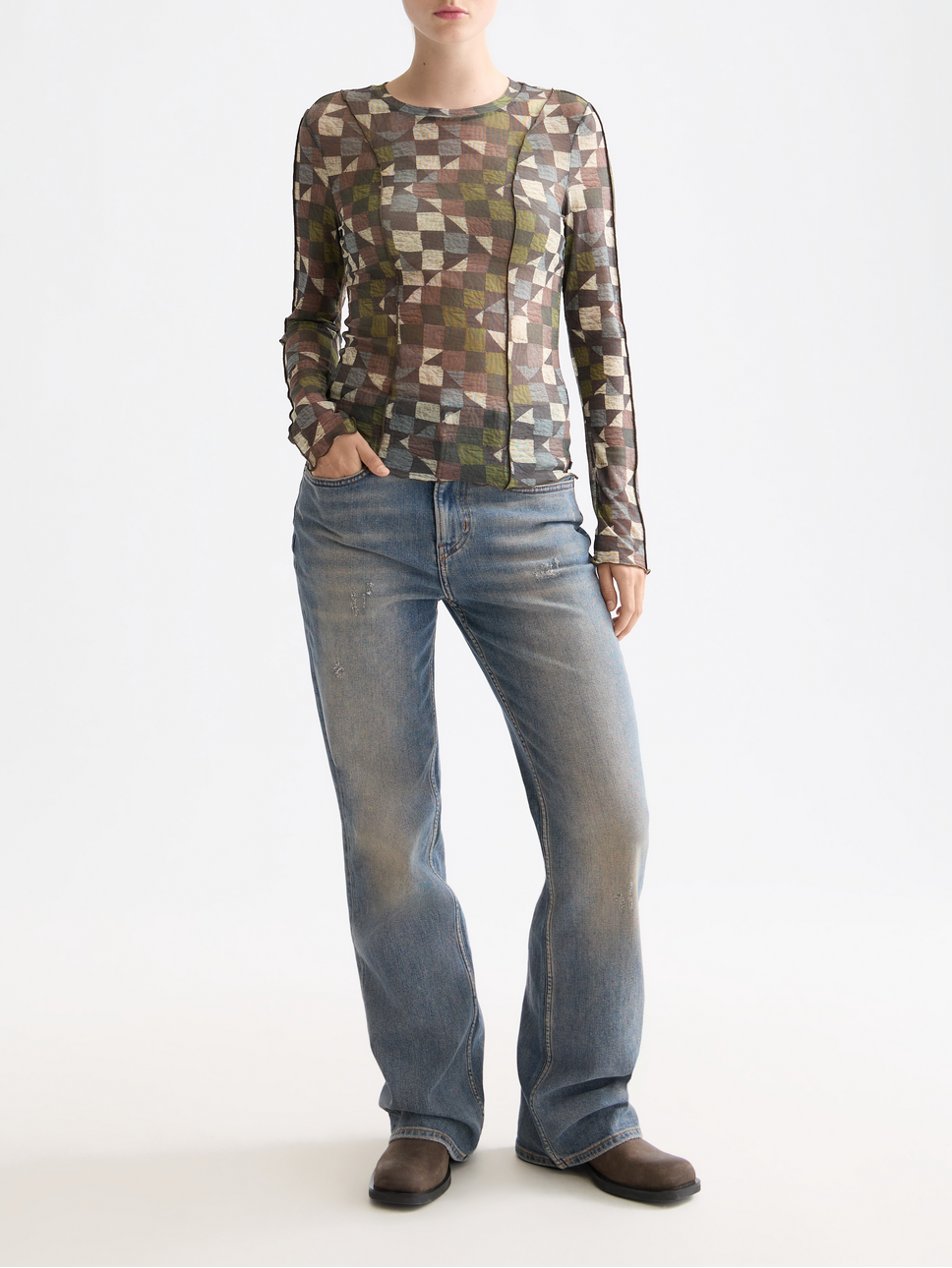 All over printed mesh long sleeve T-shirt