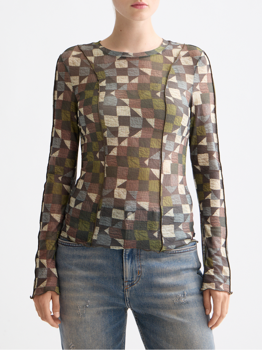 All over printed mesh long sleeve T-shirt