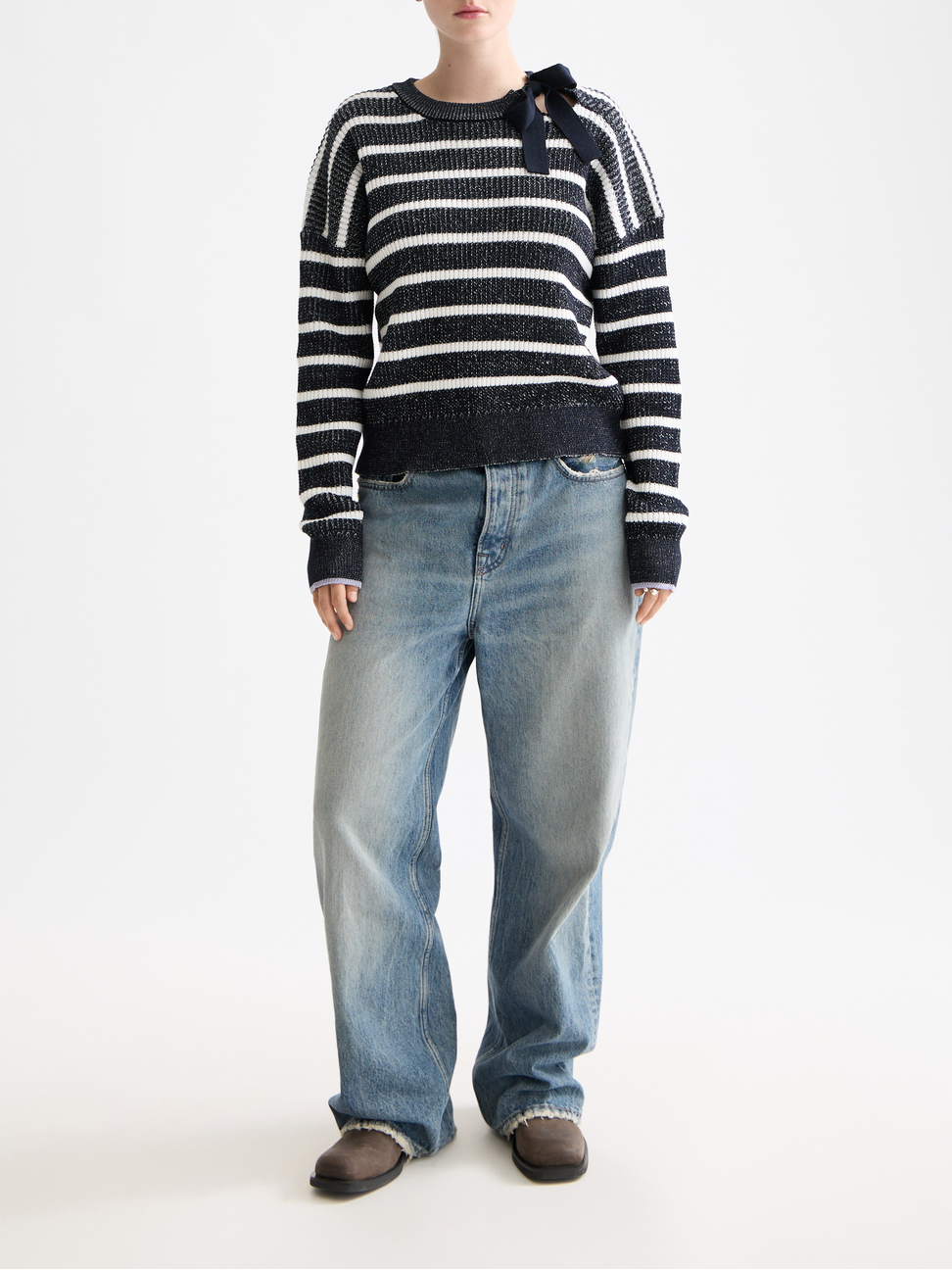 Stripe tie neck pullover
