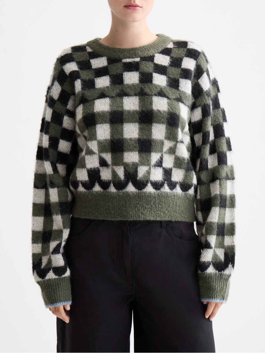 Fuzzy jacquard pullover