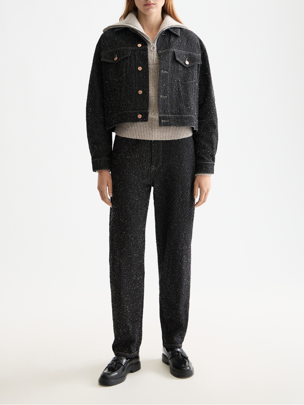 Black denim textured oversized jacket