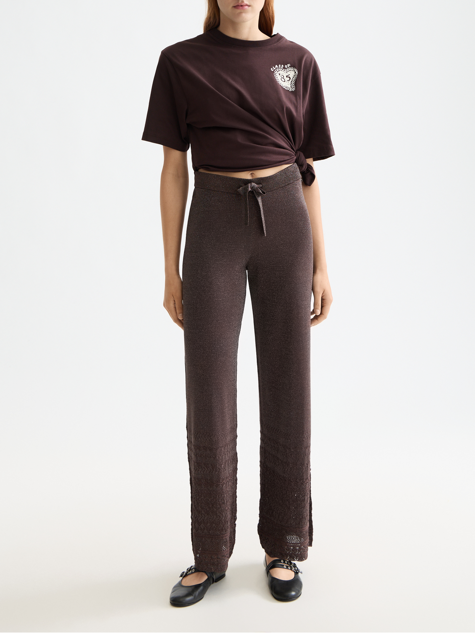 Metallic pointelle knitted trouser