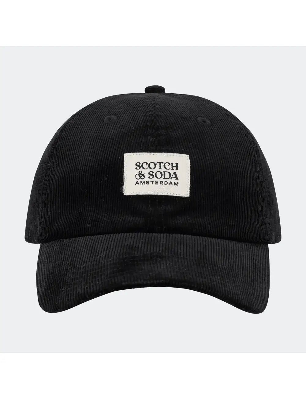 Black cap with a white logo on a light gray background