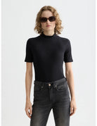 Core Mock Neck Tee close-up on model showing fit and detail by Scotch & Soda