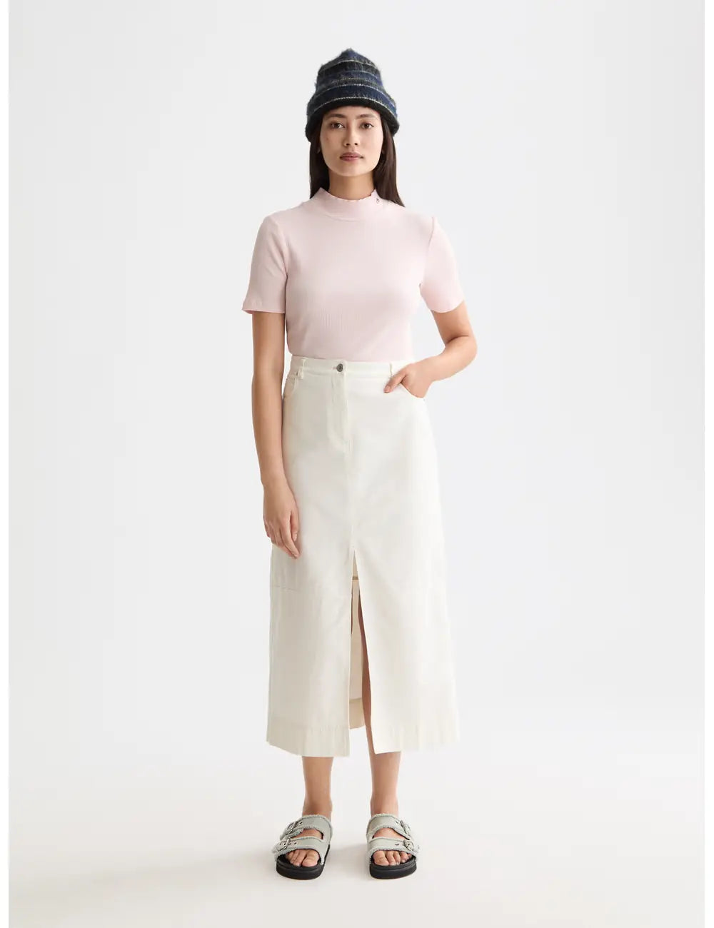 Mock Neck Rib Tee full model shot showing overall fit by Scotch & Soda