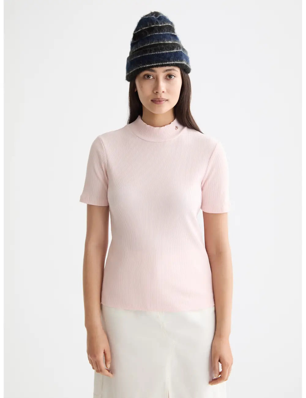 Mock Neck Rib Tee close-up on model showing fit and detail by Scotch & Soda