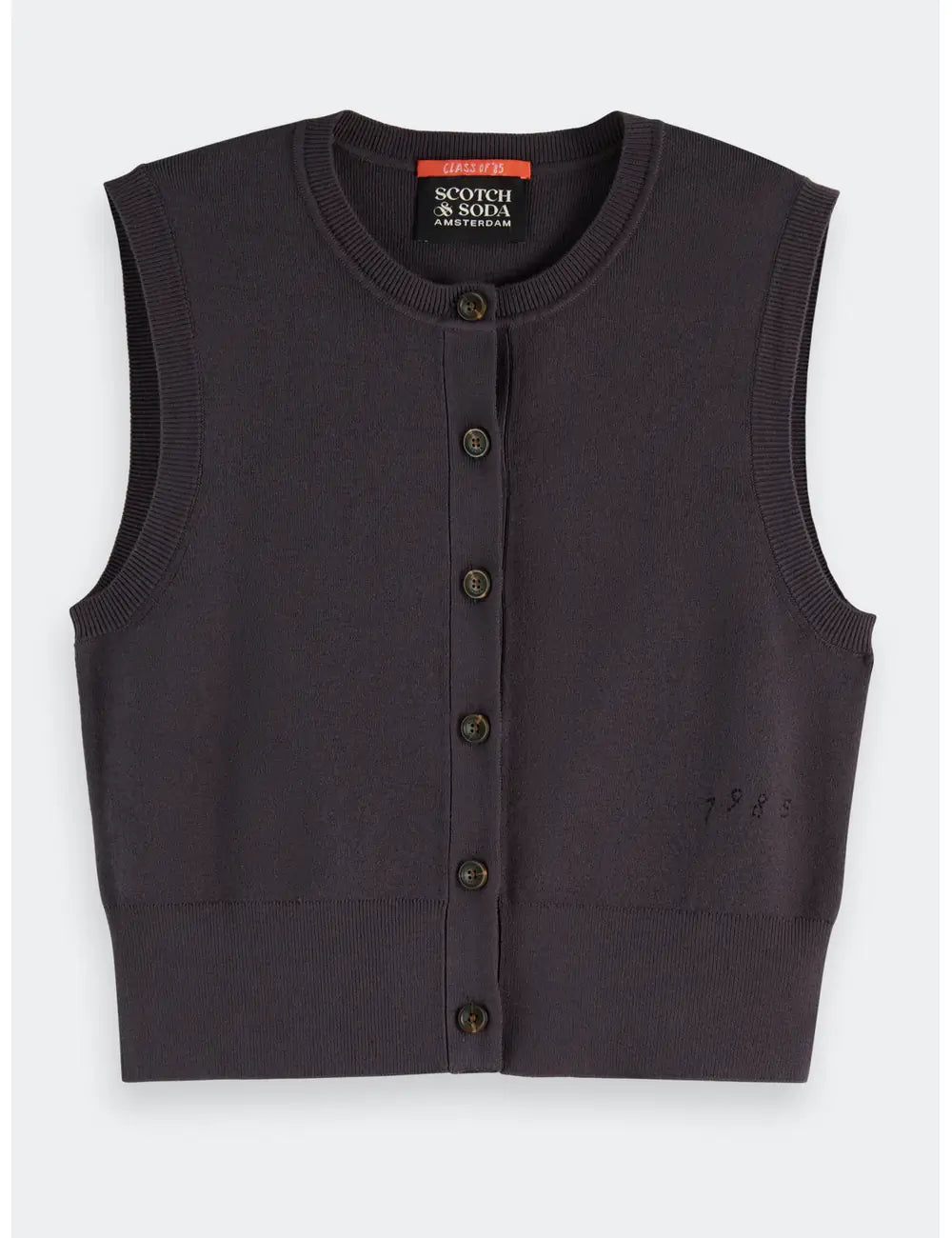 Knitted Spencer Charcoal flat lay front view by Scotch & Soda