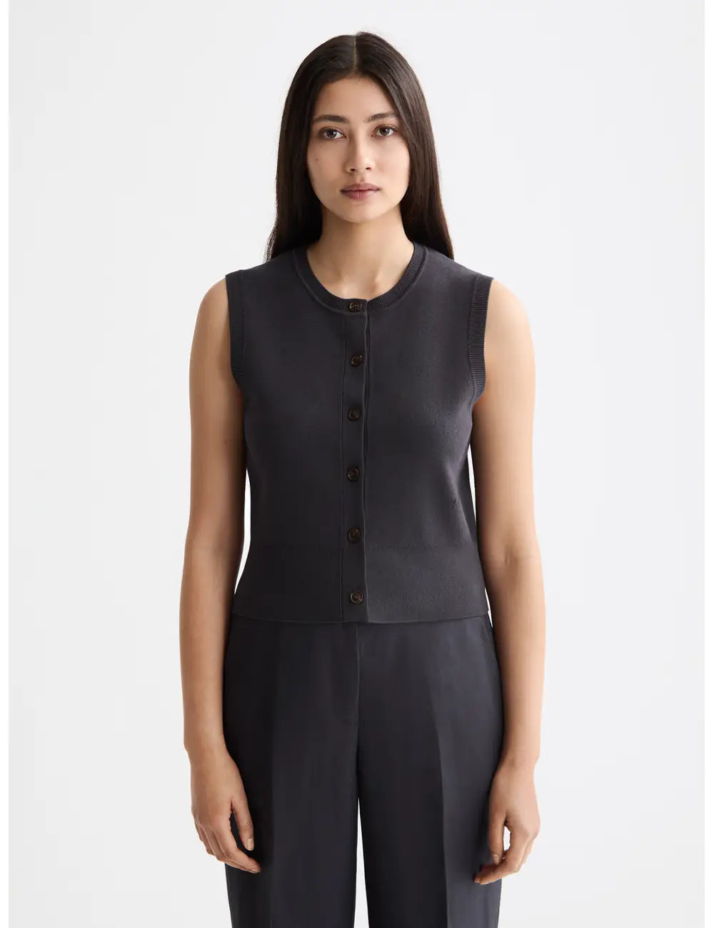 Knitted Spencer Charcoal close-up on model showing fit and detail by Scotch & Soda