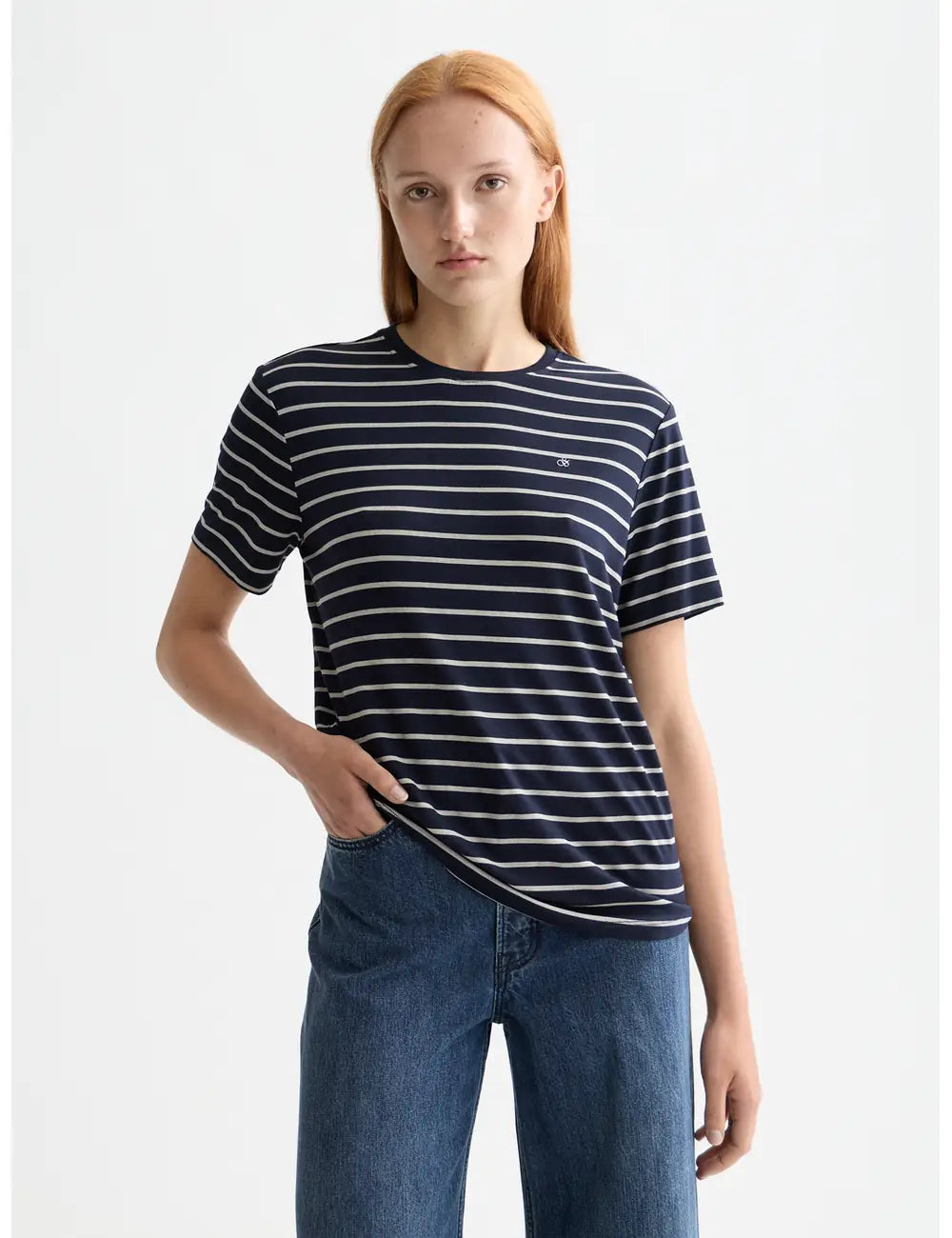 Striped Regular T Shirt close-up on model showing fit and detail by Scotch & Soda