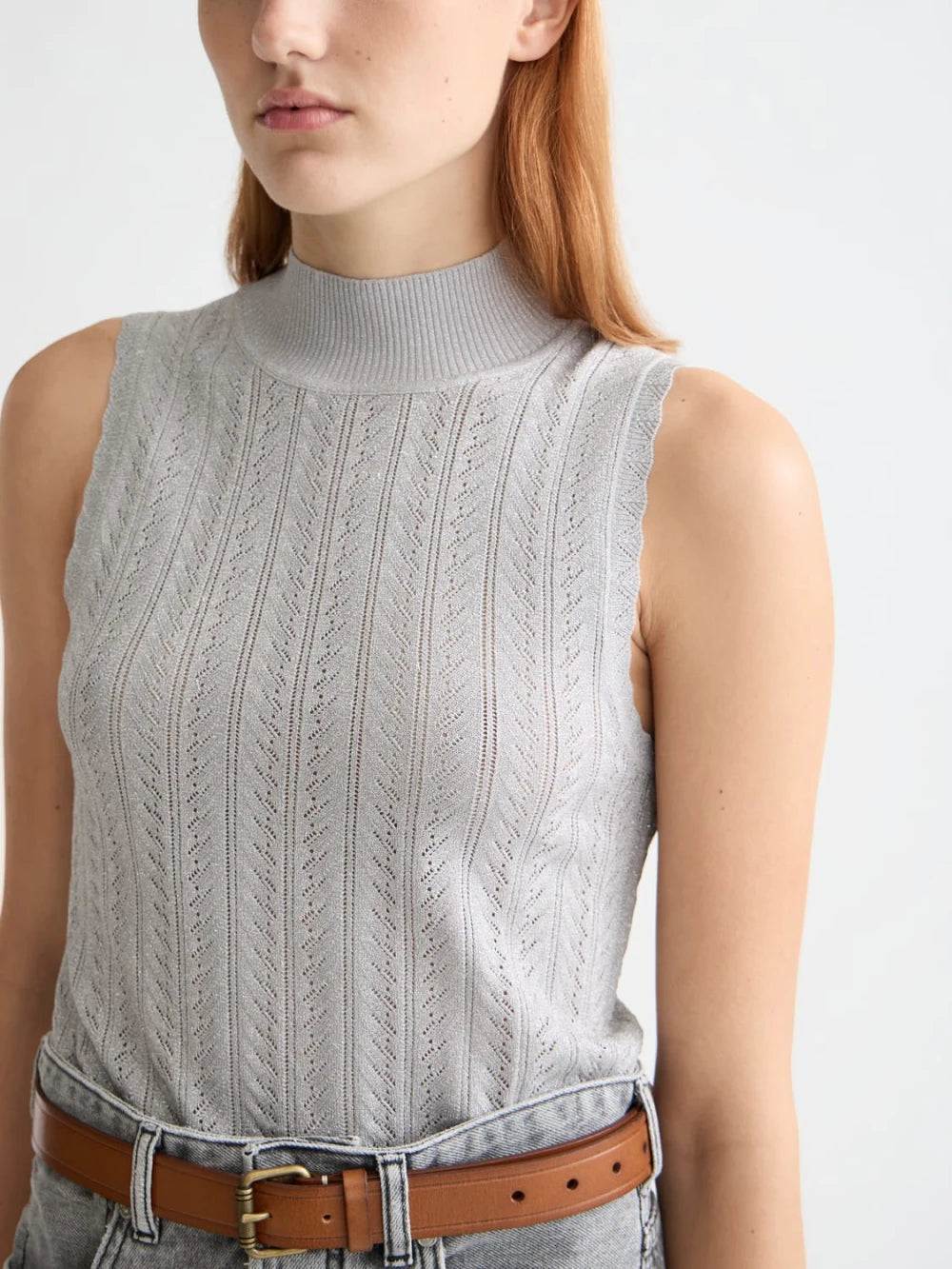 metallic-pointelle-knitted-tank detail shot by Scotch & Soda