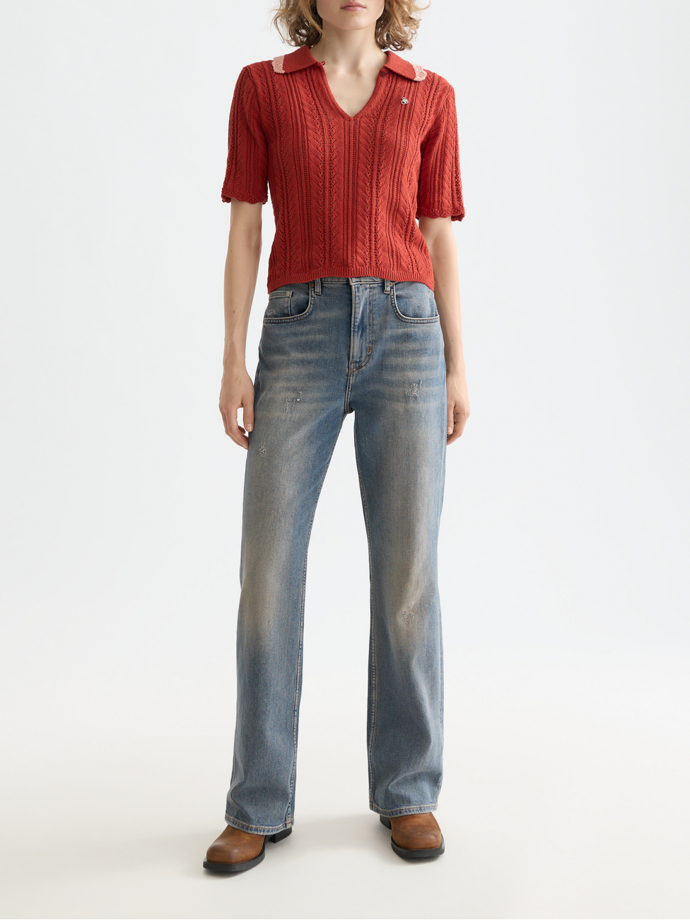 Pointelle collared knitted polo