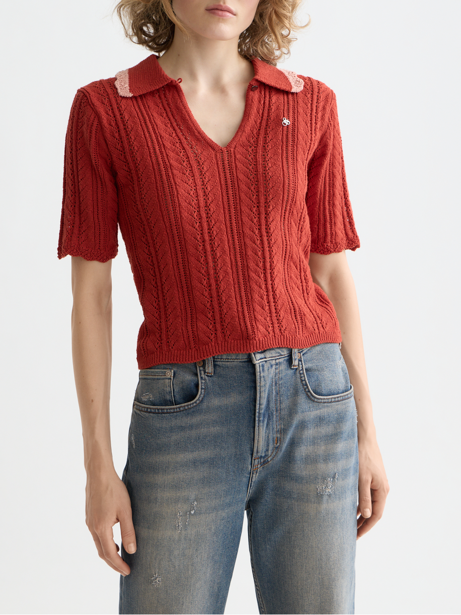 Pointelle collared knitted polo