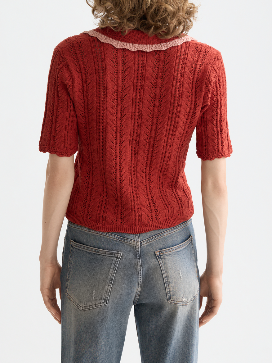 Pointelle collared knitted polo