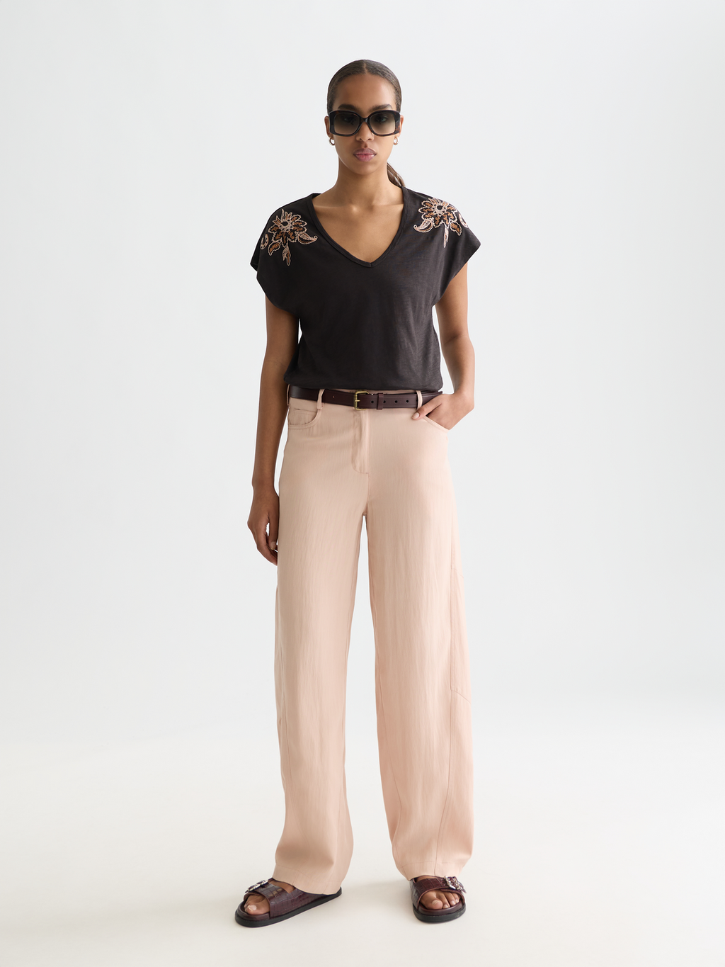 Embroidered V-neck T-shirt