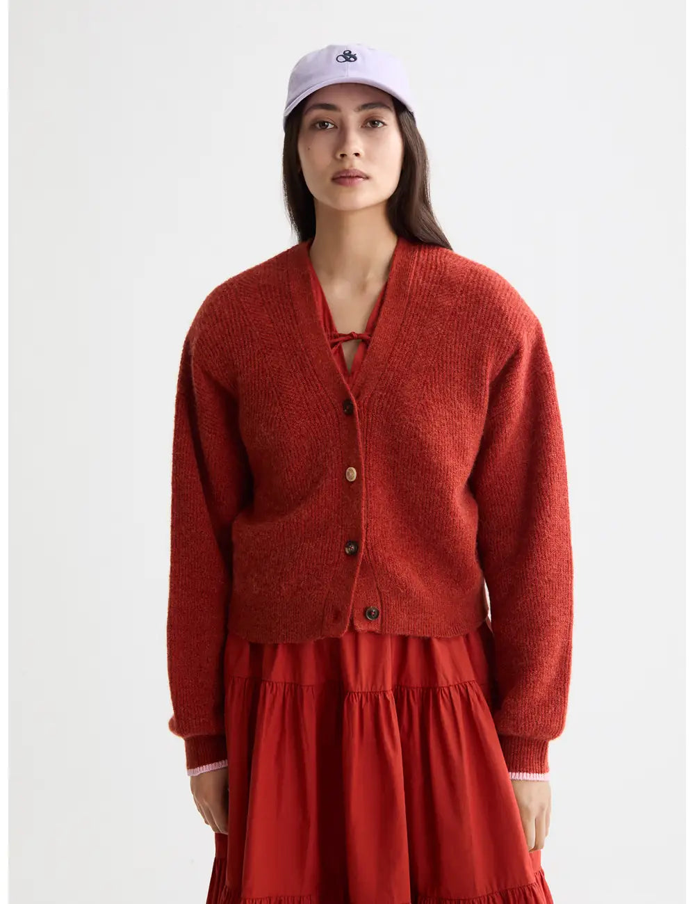 Fuzzy Relaxed Cardigan close-up on model showing fit and detail by Scotch & Soda