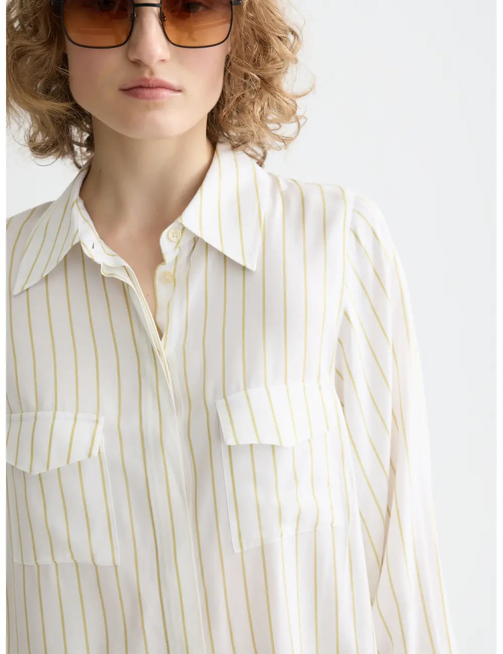 Striped Shirt Pockets close-up on model showing fit and detail by Scotch & Soda