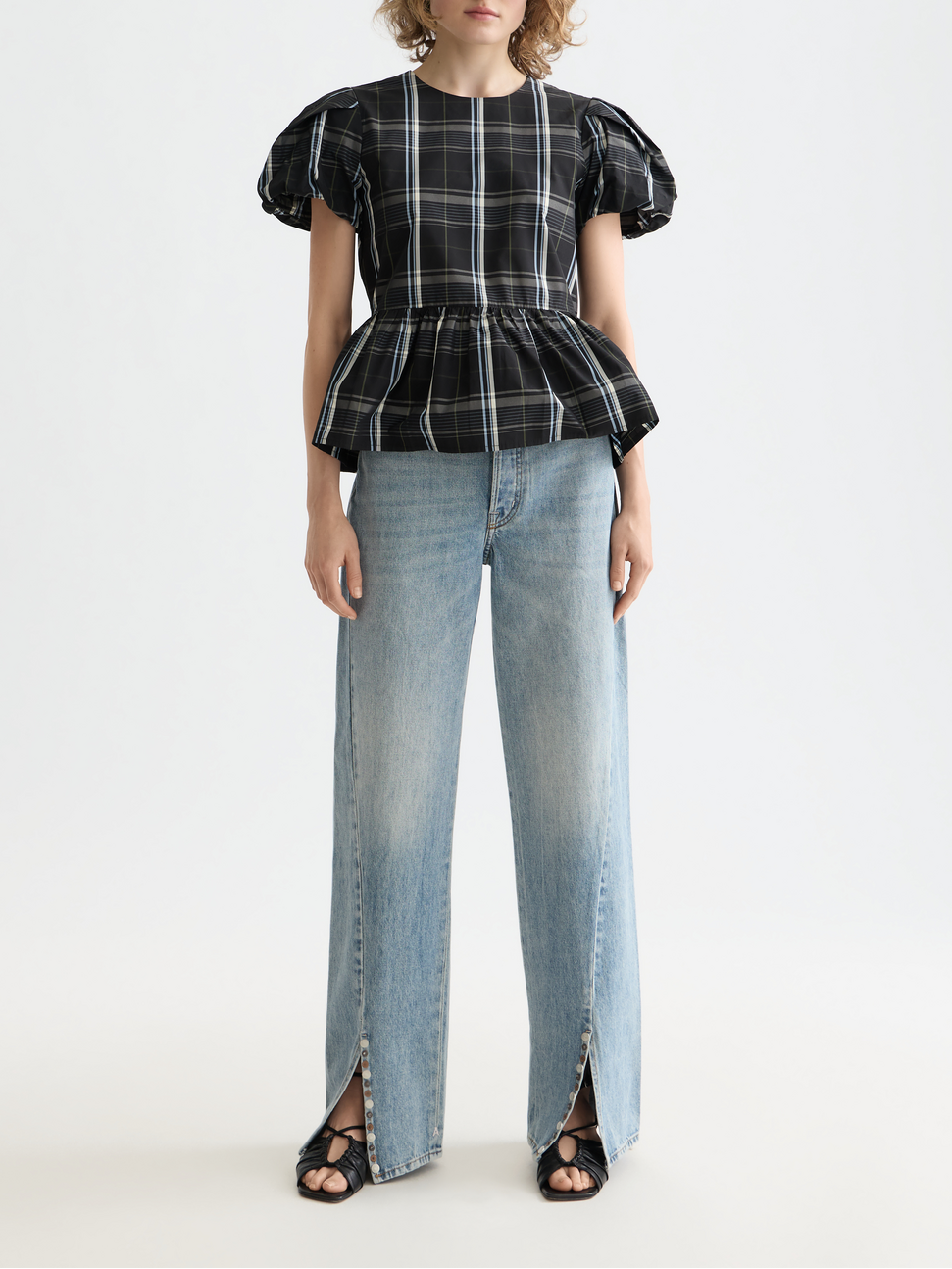 Cap sleeve taffeta top with peplum