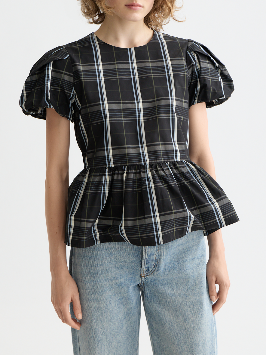 Cap sleeve taffeta top with peplum