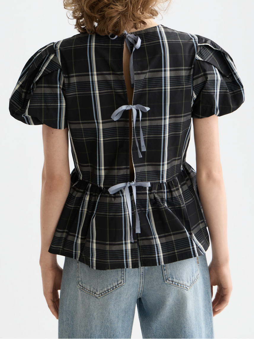 Cap sleeve taffeta top with peplum