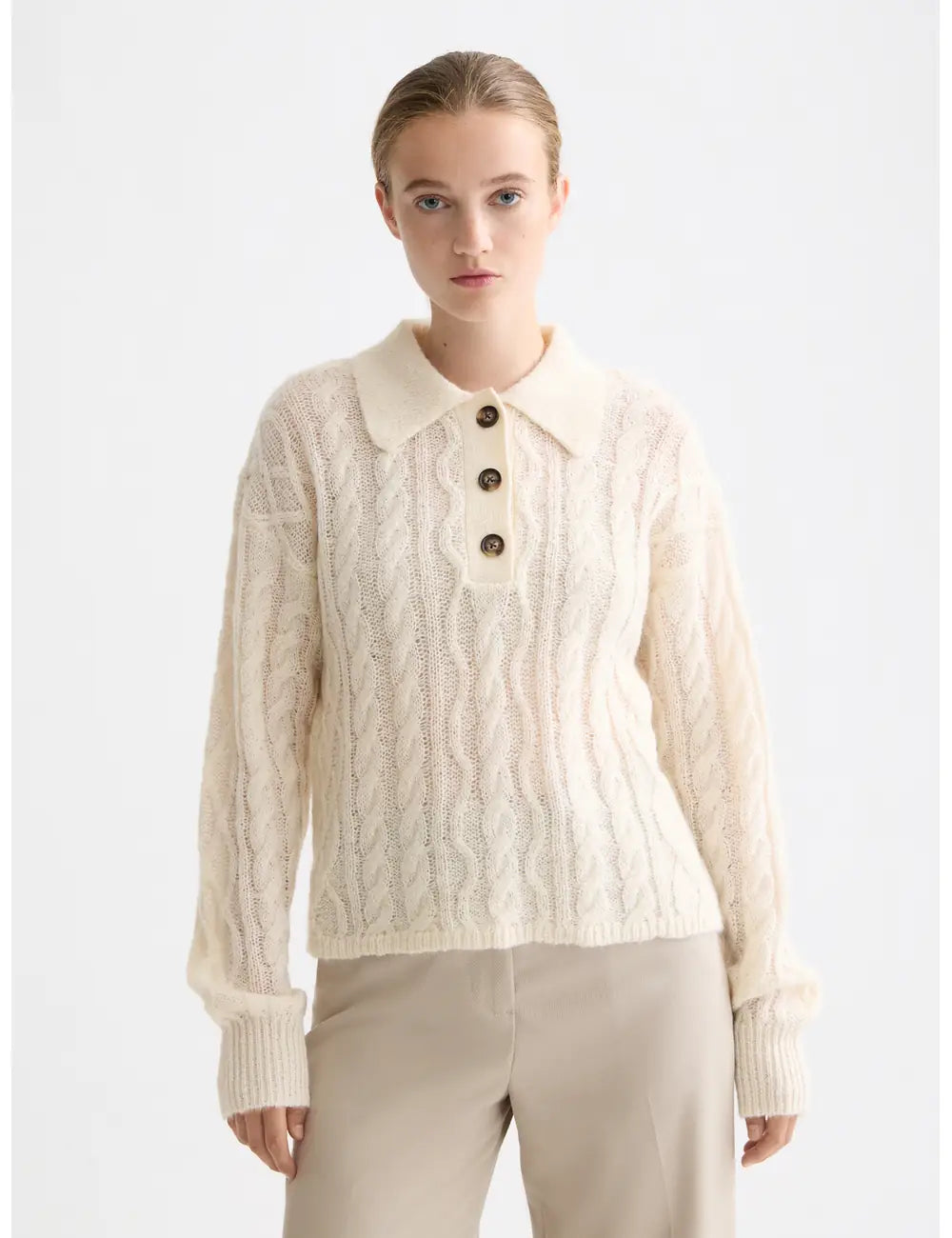 Cable Stitch Pullover close-up on model showing fit and detail by Scotch & Soda