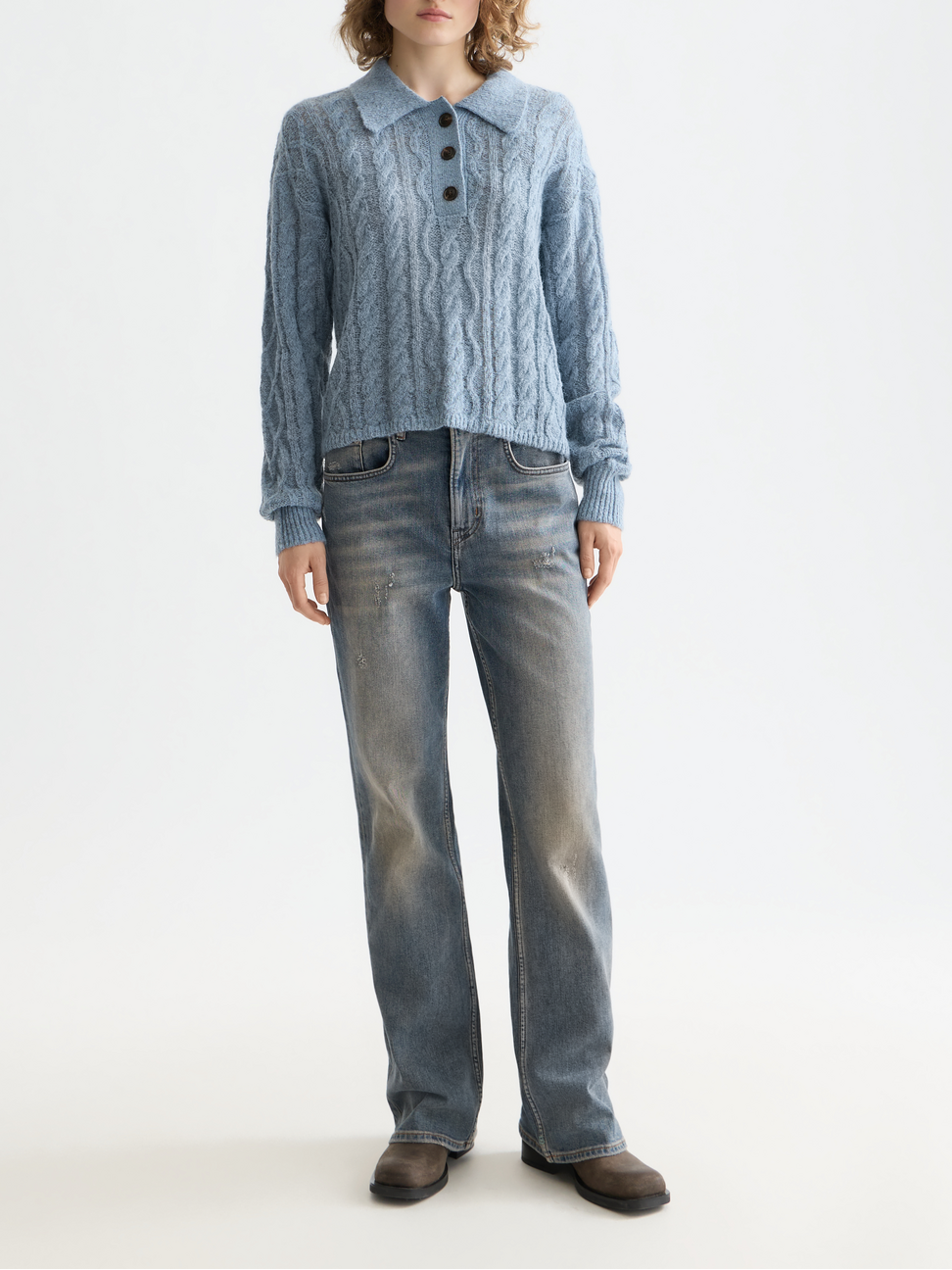 Cable stitch polo neck pullover