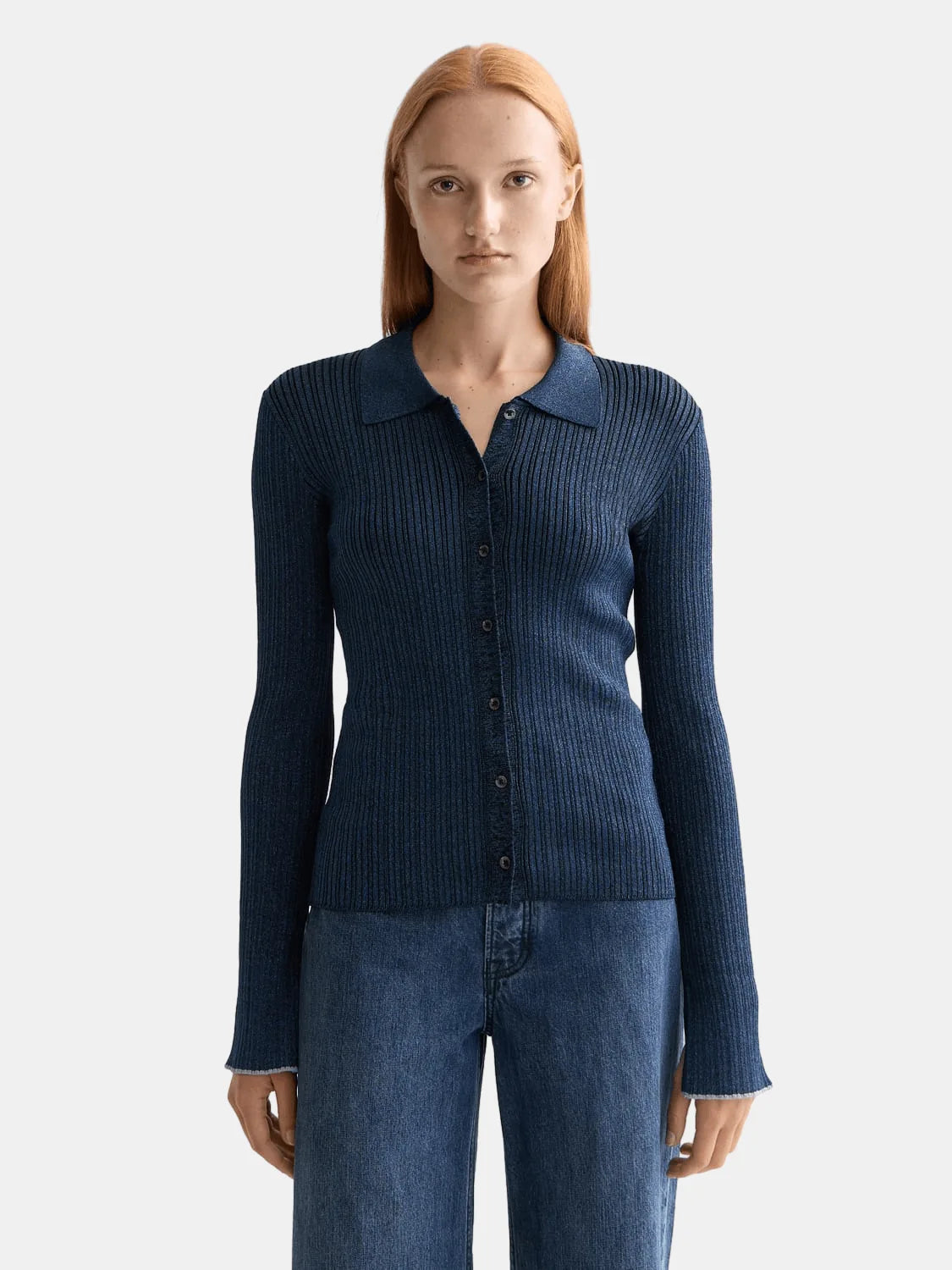 Metallic Rib Cardigan close-up on model showing fit and detail by Scotch & Soda