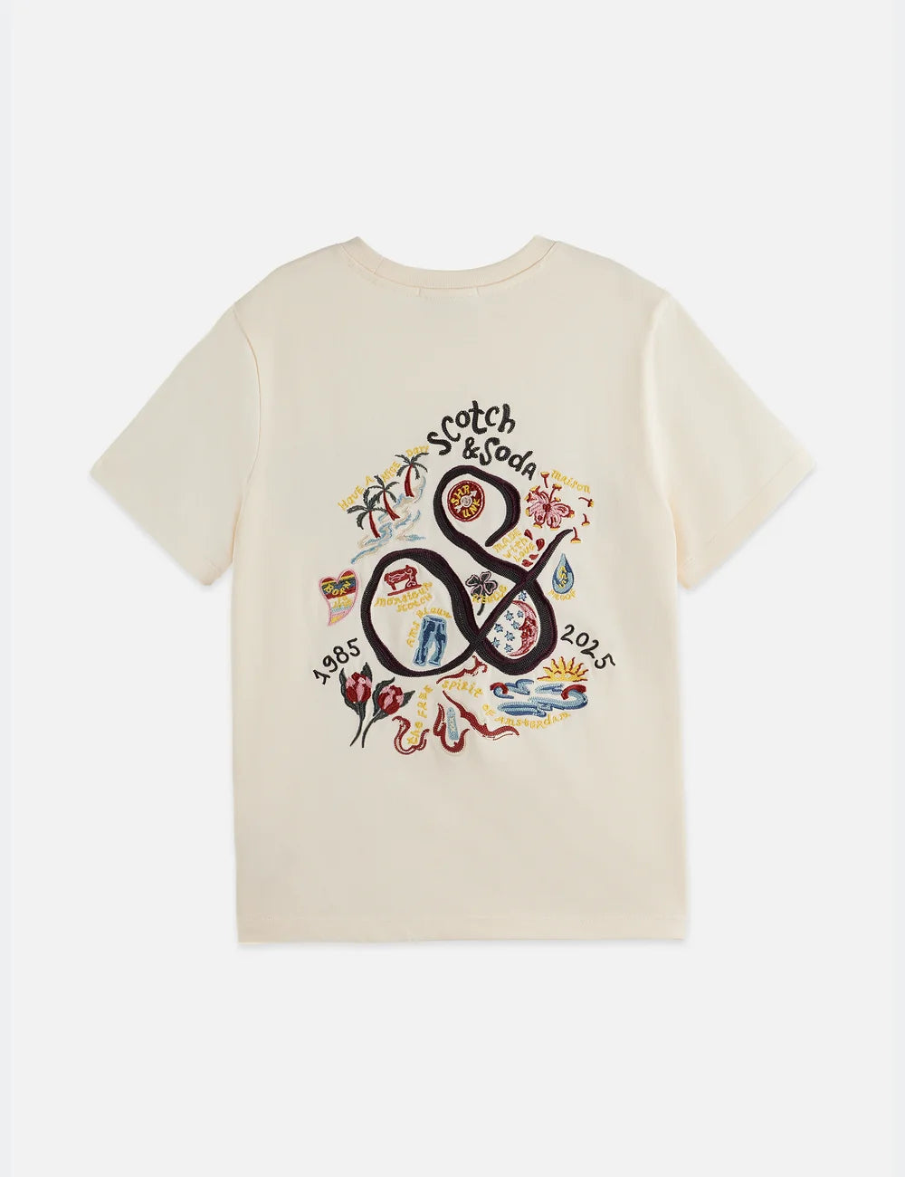 The 40th Anniversary Washed Artwork Regular Fit T-shirt flat lay showing product details by Scotch & Soda