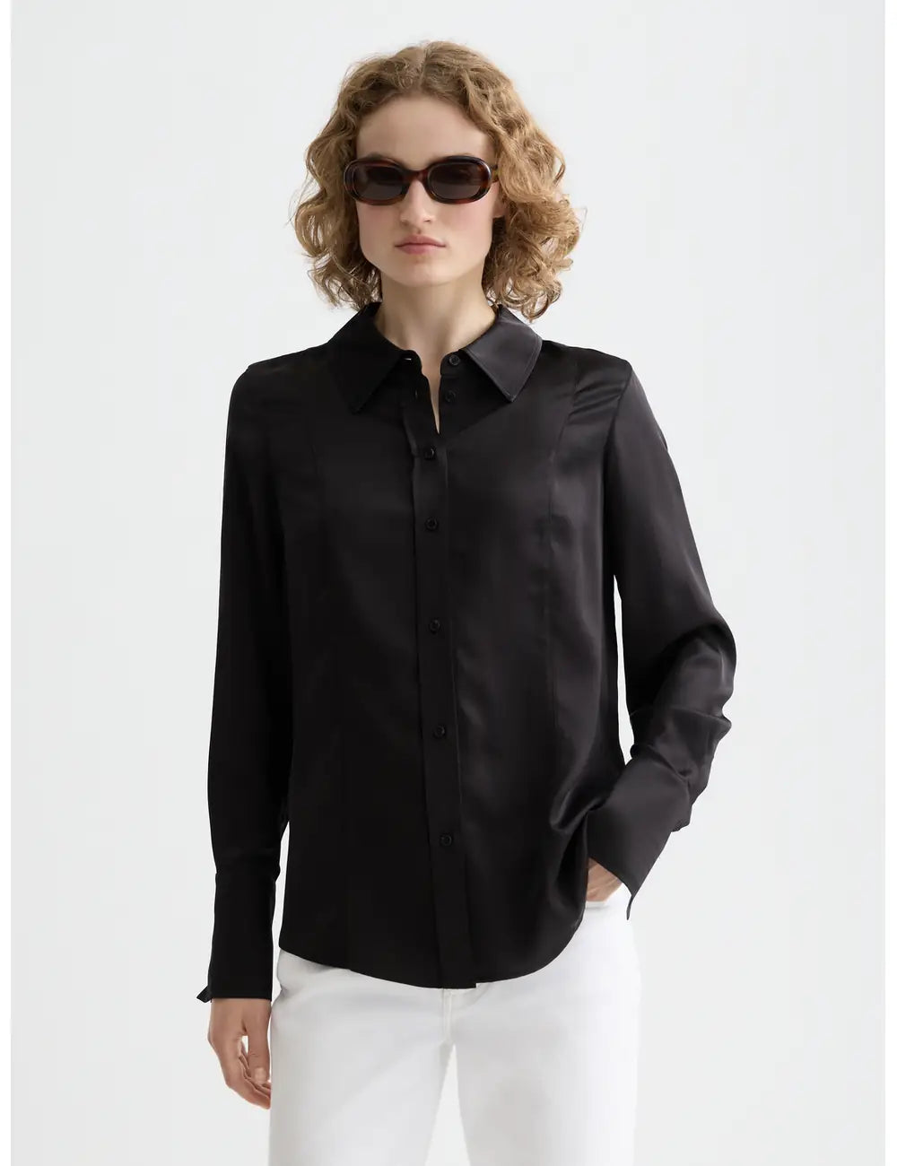 Black Core Viscose Satin Shirt close-up on model by Scotch & Soda