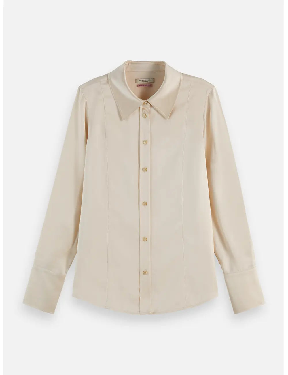 Core Viscose Satin Shirt flat lay showing product details by Scotch & Soda