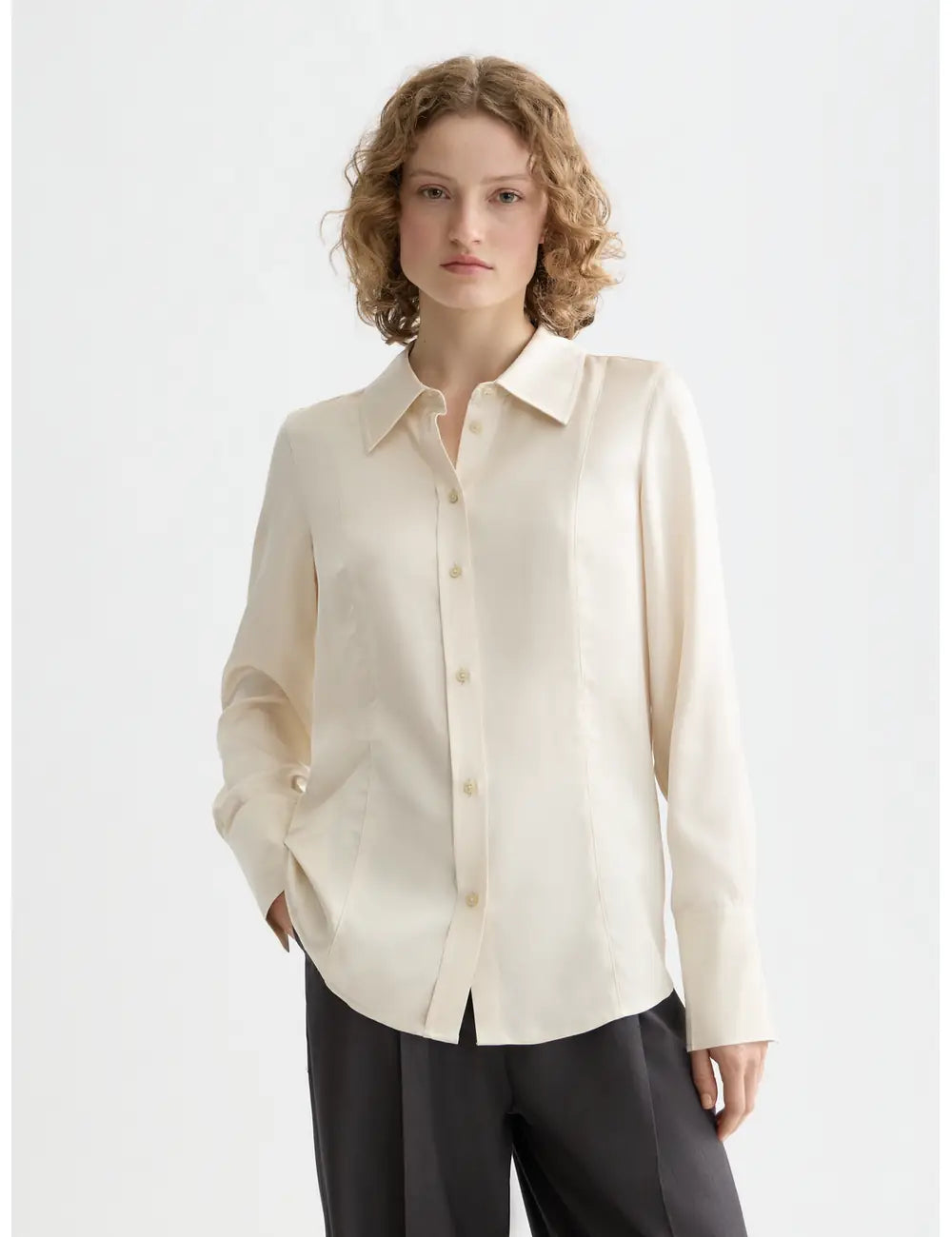 Off White Core Viscose Satin Shirt close-up on model by Scotch & Soda