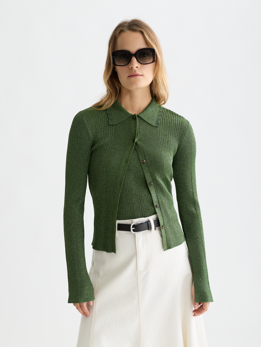 Metallic ribbed collared cardigan