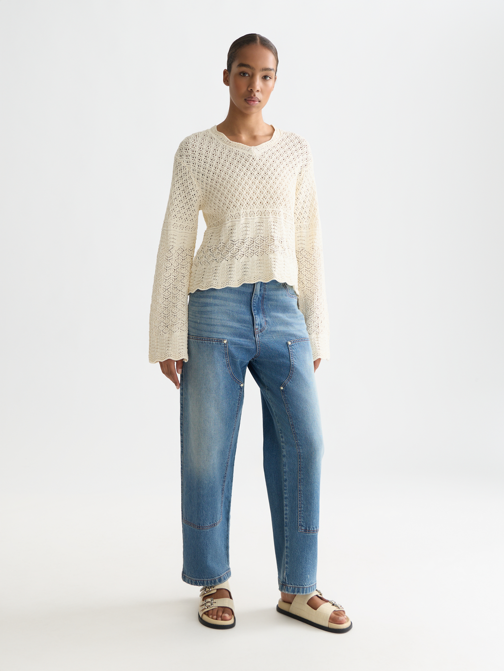 Pointelle stitch V-neck pullover