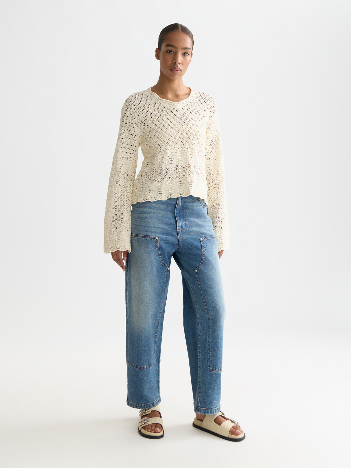 Pointelle stitch V-neck pullover